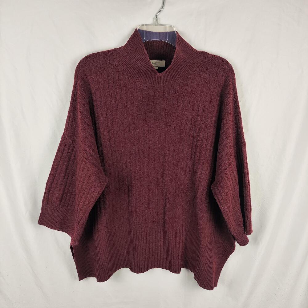 LOFT Sweater Womens Large Red Ribbed Mock Neck Dolman 3/4 Sleeve Pullover